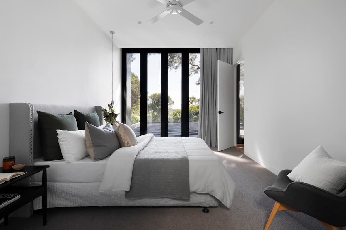 Open-plan living area with modern grey flooring